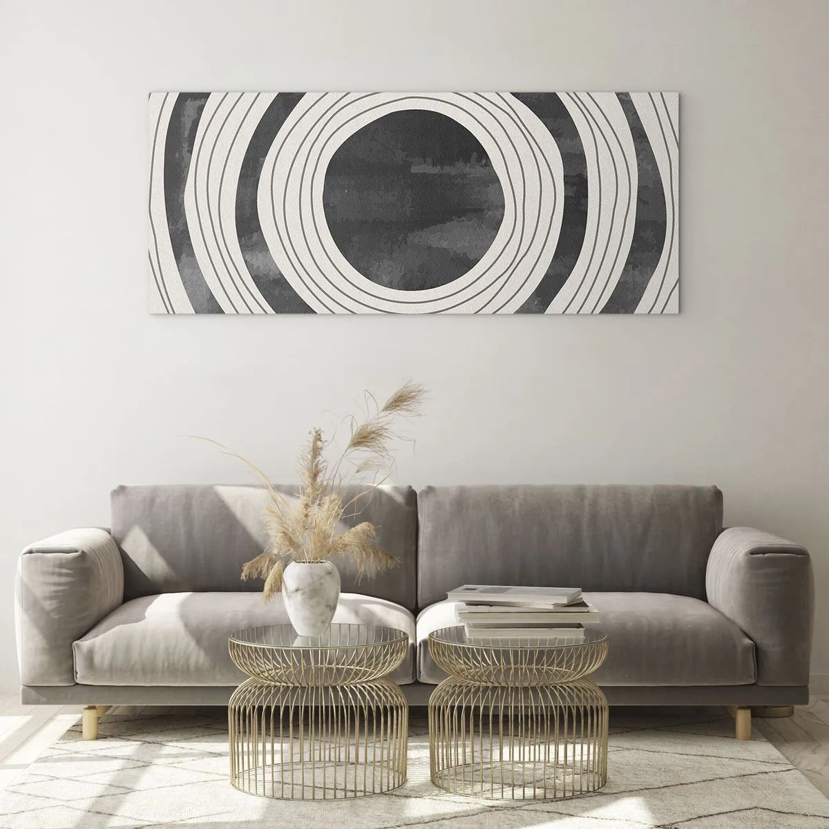 Quadro su vetro - Cerchi concentrici bianchi e neri su sfondo chiaro - 160x50cm - Proprio al centro - Decorazione murale moderna per soggiorno e camera da letto ARTTOR