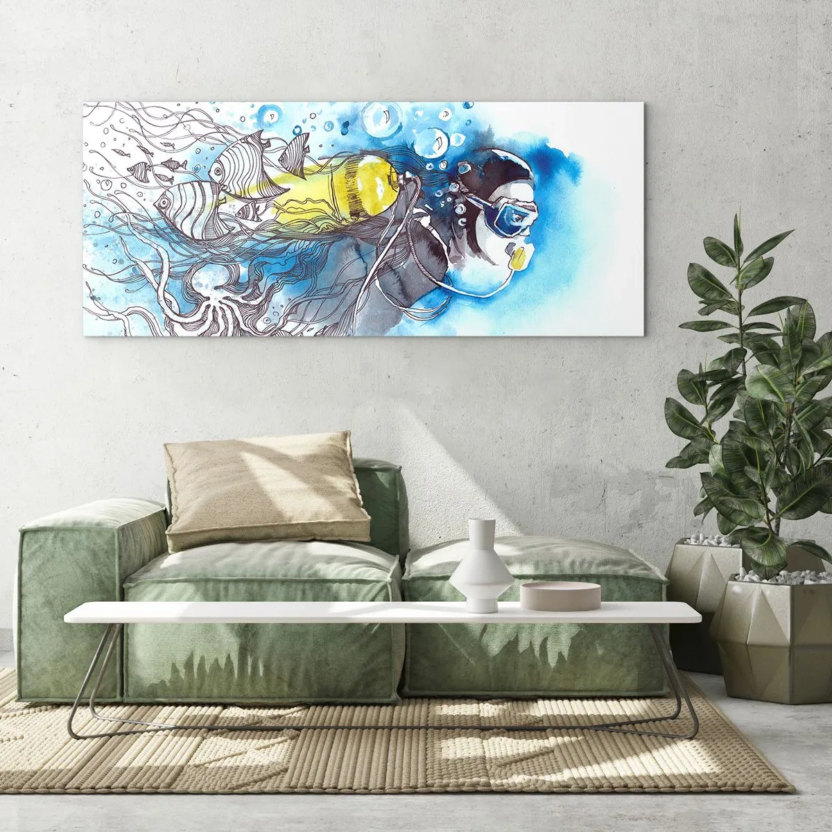 Quadro su vetro - Scena subacquea con un subacqueo e pesci esotici - 120x50cm - Il grande blu - Decorazione murale moderna per soggiorno e camera da letto ARTTOR