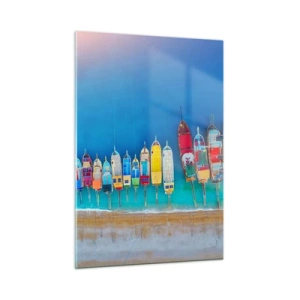 Quadro su vetro - Barche colorate sulla riva del mare turchese - 50x70cm - A volo d'uccello - Decorazione murale moderna per soggiorno e camera da letto ARTTOR