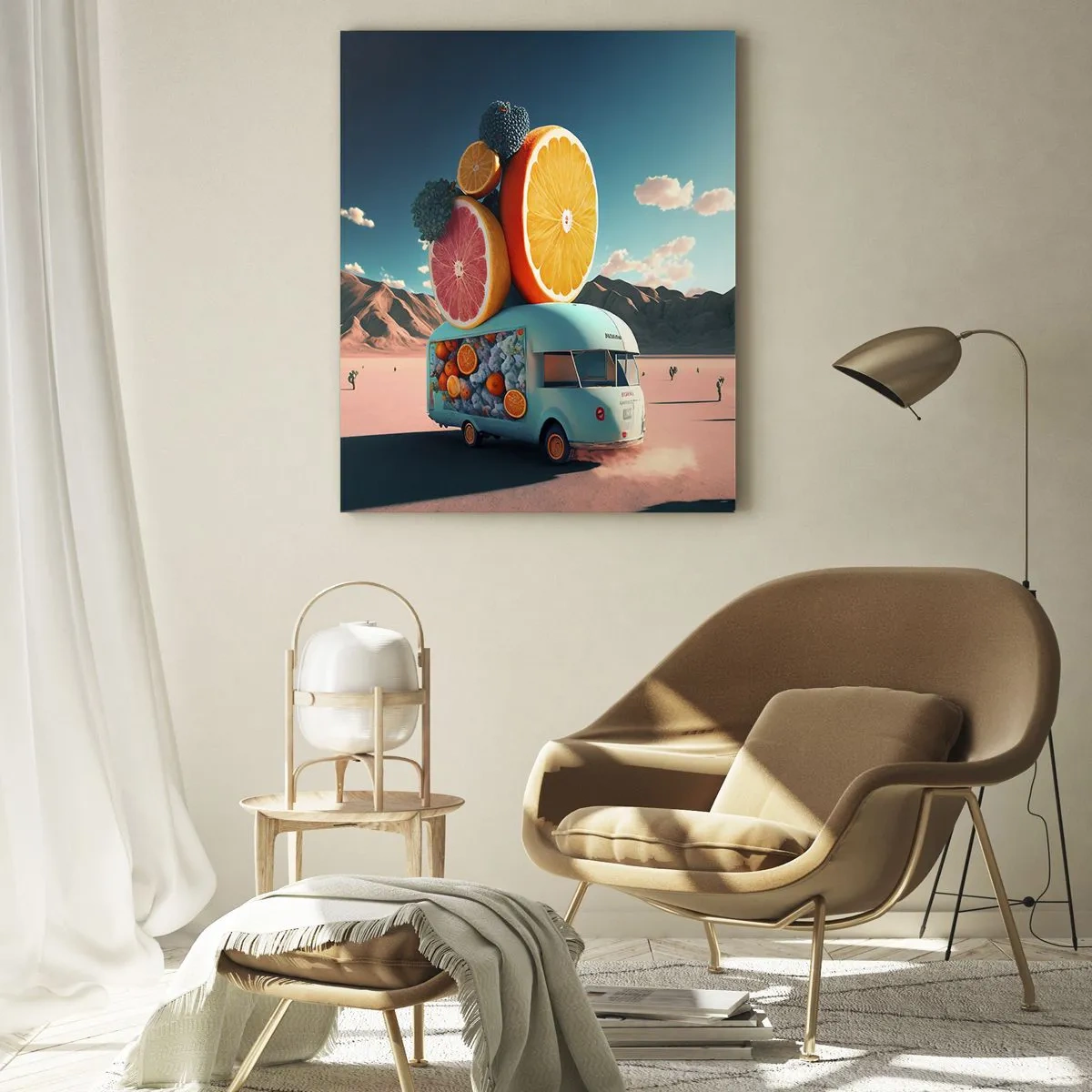 Quadro su vetro - Un camper turchese con frutta sullo sfondo di un paesaggio desertico - 50x70cm - Il sapore delle vacanze - Decorazione murale moderna per soggiorno e camera da letto ARTTOR