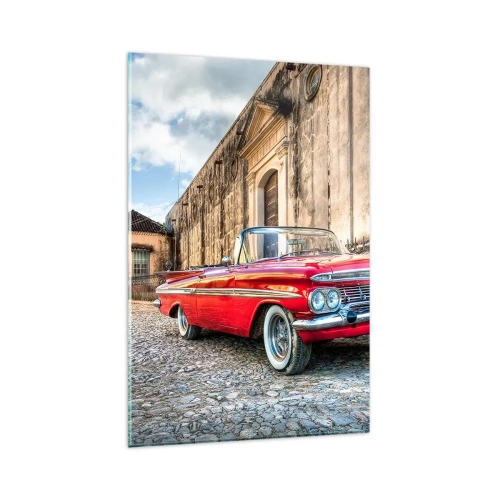 Quadro su vetro - Auto d'epoca rossa su una strada acciottolata - 80x120cm - Impressioni di Cuba - Decorazione murale moderna per soggiorno e camera da letto ARTTOR