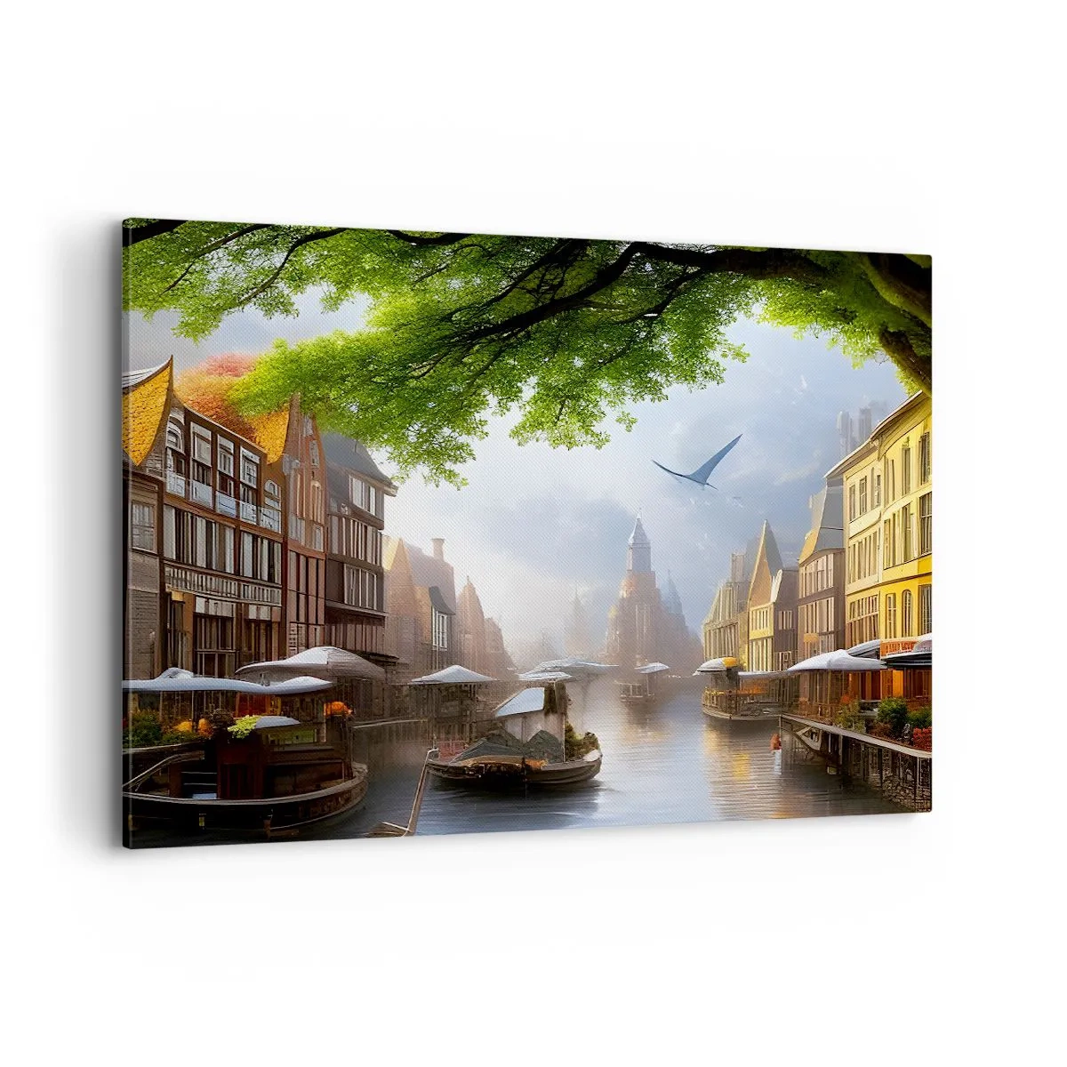 Quadro su tela - Stampe su Tela - Un pittoresco paesaggio olandese con un canale e case popolari - 100x70cm - Paesaggio urbano olandese - Decorazione murale moderna per soggiorno e camera da letto ARTTOR