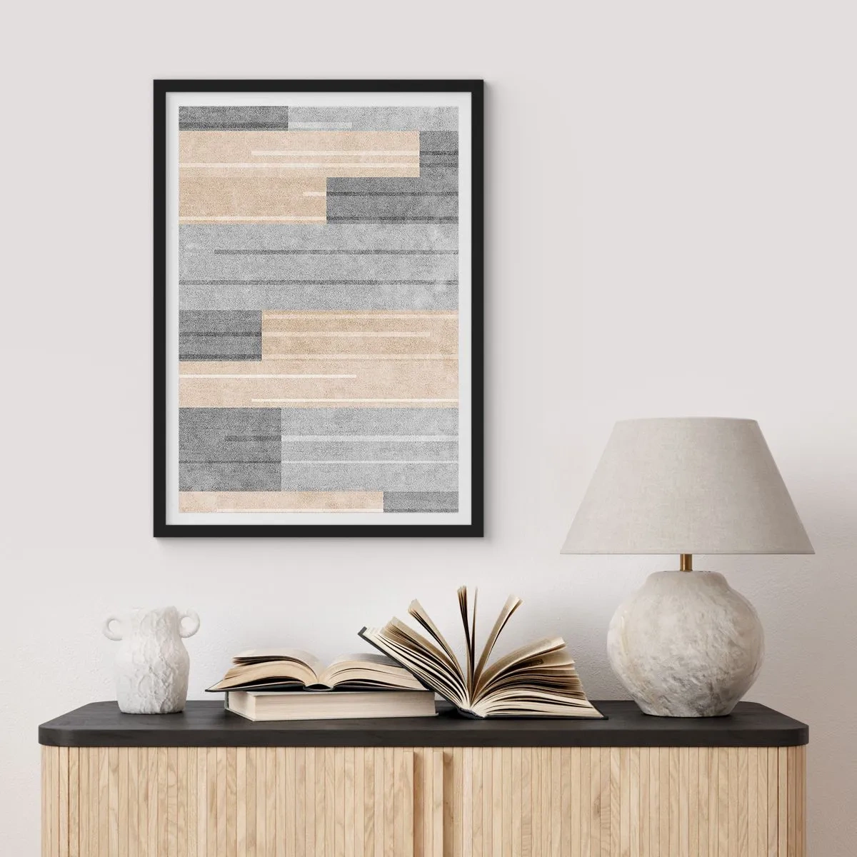 Poster in cornice nera - Una moderna composizione geometrica nei toni del grigio e del beige - 50x70cm - Composizione: rigare dritto - Decorazione murale moderna per soggiorno e camera da letto ARTTOR