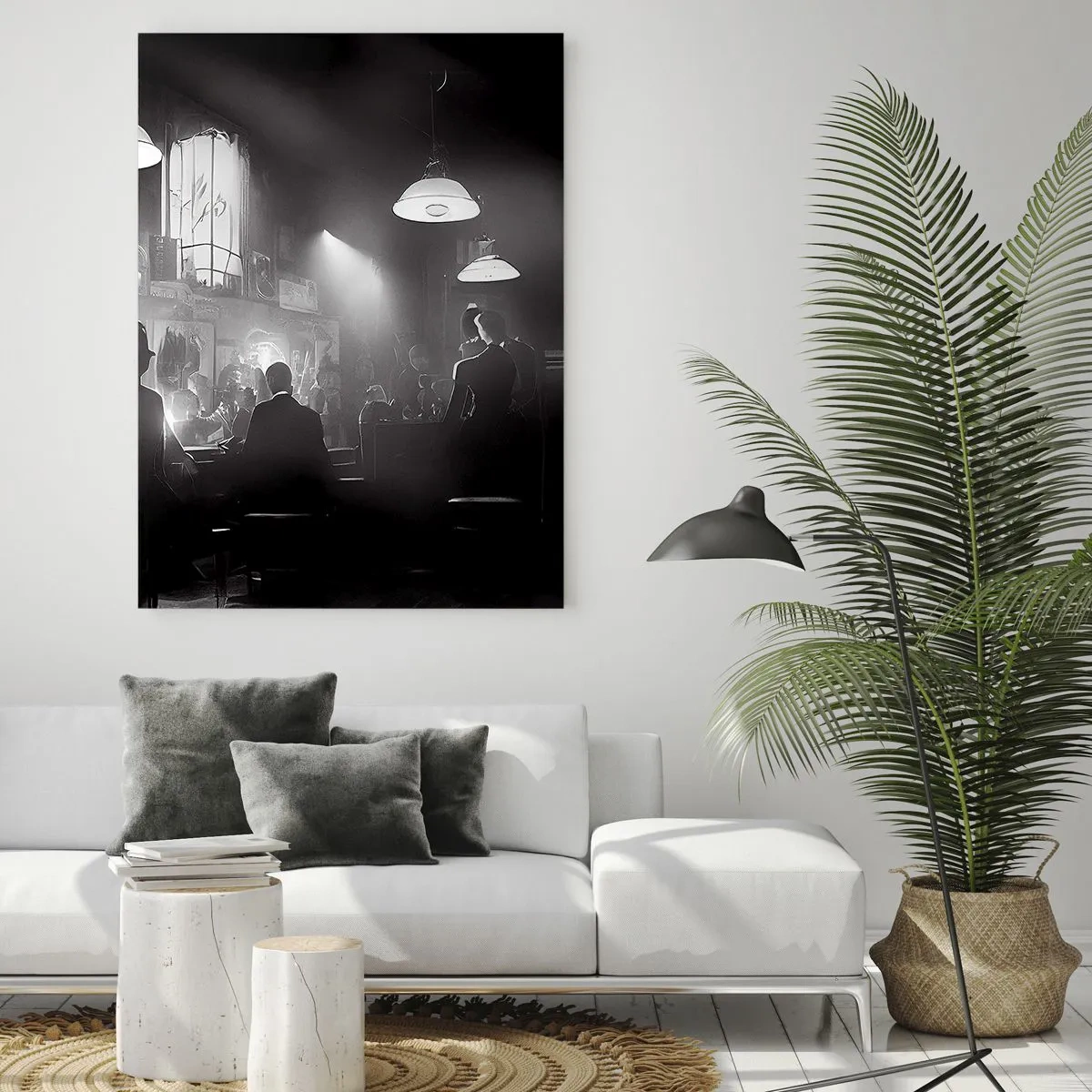 Quadro su vetro - Palco jazz in bianco e nero all'interno di un club - 50x70cm - Nell'atmosfera jazz - Decorazione murale moderna per soggiorno e camera da letto ARTTOR