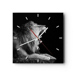 Orologio da parete - Orologio in Vetro - Un leone ruggente su sfondo nero nei toni del bianco e del nero - 30x30cm - Senza alcun dubbio - Decorazione murale moderna per soggiorno e camera da letto ARTTOR