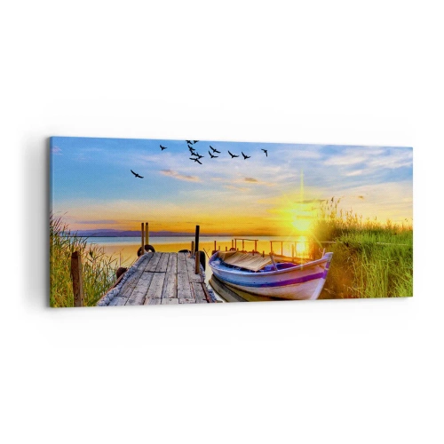 Quadro su tela - Stampe su Tela - Una barca su un molo di legno al tramonto - 120x50cm - A domani - Decorazione murale moderna per soggiorno e camera da letto ARTTOR