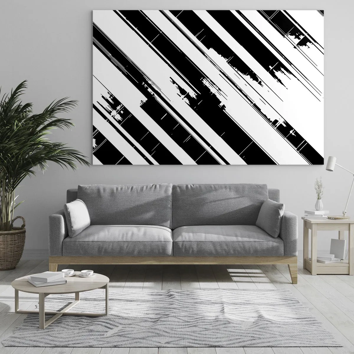 Quadro su vetro - Strisce dinamiche bianche e nere con effetto invecchiato - 70x50cm - Composizione intensa e dinamica - Decorazione murale moderna per soggiorno e camera da letto ARTTOR