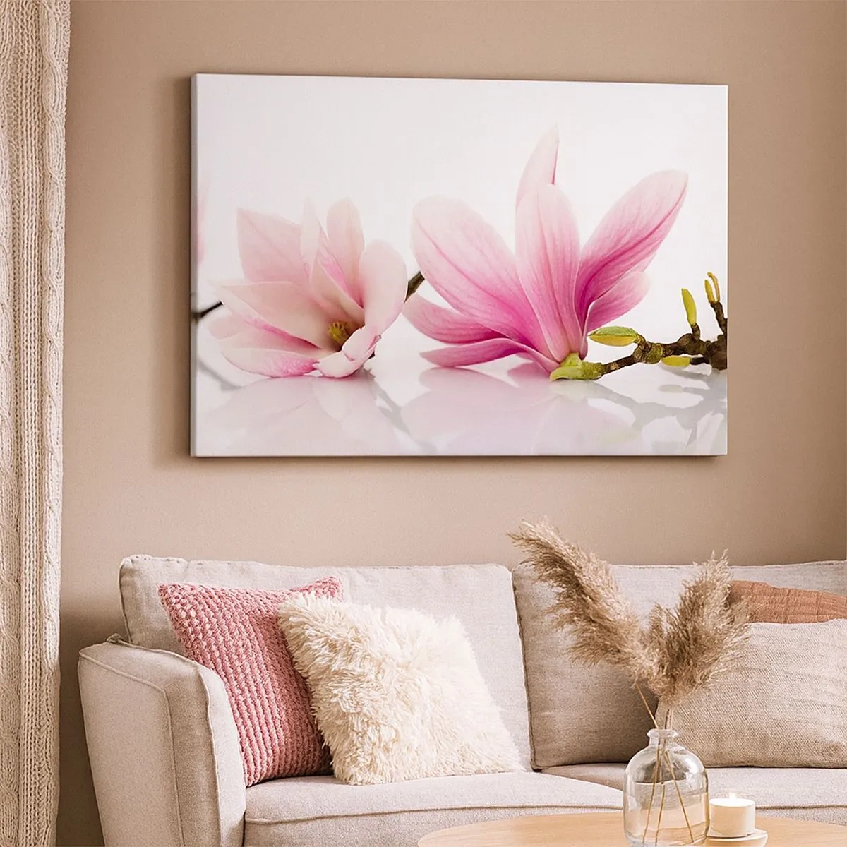 Quadro su tela - Stampe su Tela - Delicate magnolie rosa su sfondo bianco - 70x50cm - Delicati come un soffio di primavera - Decorazione murale moderna per soggiorno e camera da letto ARTTOR