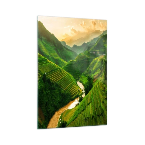Quadro su vetro - Pittoresche terrazze di riso in una valle verde illuminata dal sole al tramonto - 70x100cm - Valle del Vietnam - Decorazione murale moderna per soggiorno e camera da letto ARTTOR