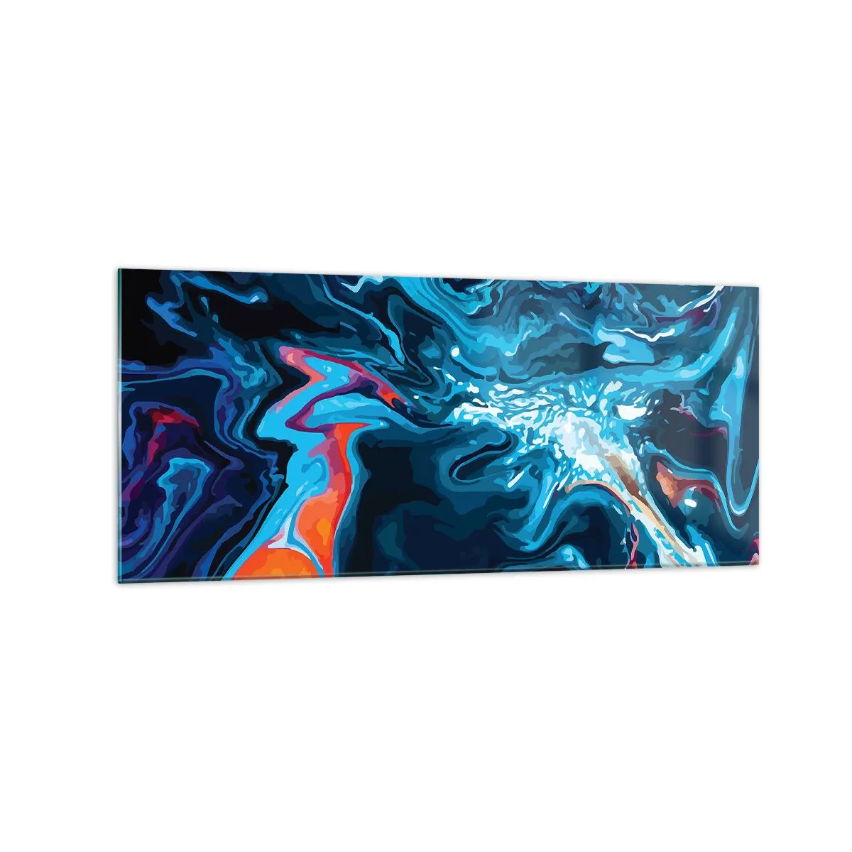 Quadro su vetro - Un motivo astratto nelle tonalità del blu con accenti arancioni. - 120x50cm - Viaggio al centro del cielo - Decorazione murale moderna per soggiorno e camera da letto ARTTOR