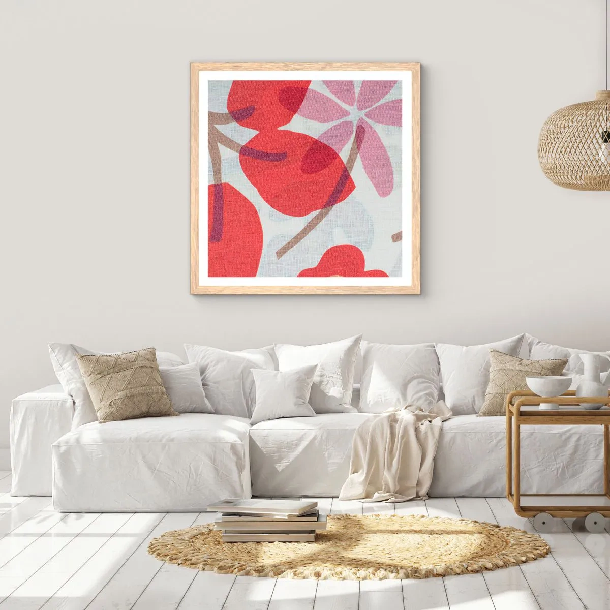 Poster in cornice rovere chiaro - Composizione di fiori in rosa - 60x60 cm