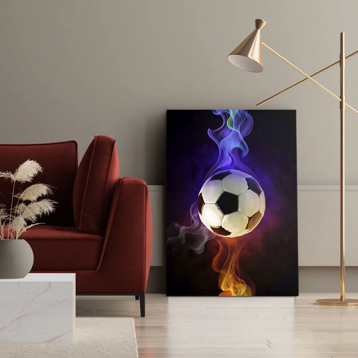 Quadro su tela - Stampe su Tela - Un pallone da calcio circondato da effetti di fumo colorati su uno sfondo scuro. - 70x100cm - La forza magica del gioco - Decorazione murale moderna per soggiorno e camera da letto ARTTOR