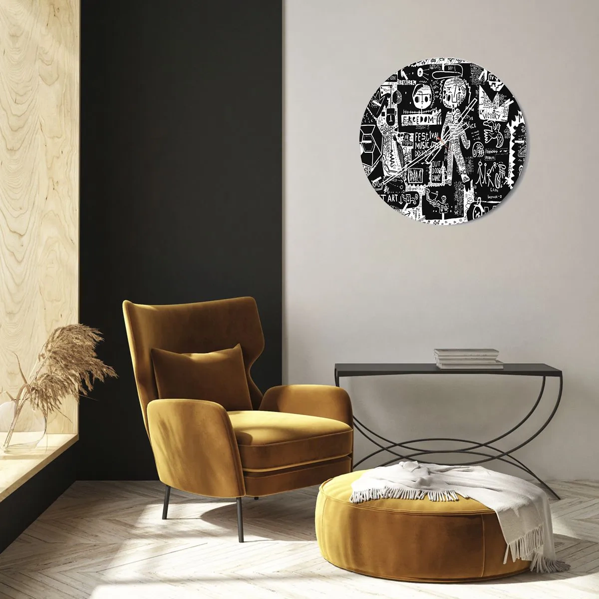 Orologio da parete - Orologio in Vetro - Un quadrante di orologio con un dinamico motivo artistico a scarabocchio in bianco e nero. - 30x30cm - Gioventù spirituale di giustizia e gioia