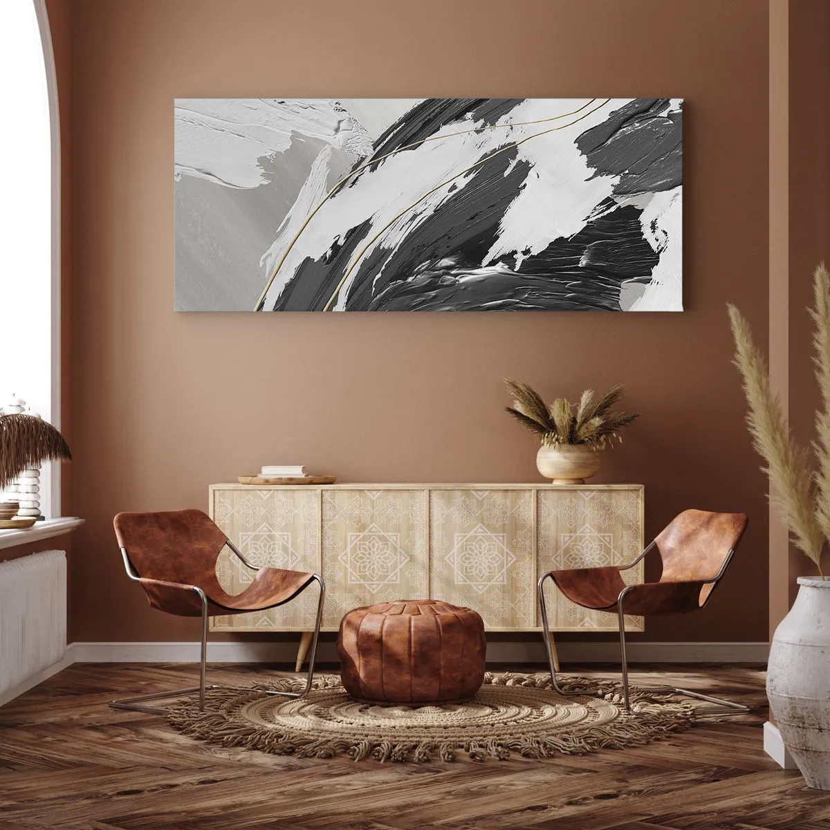 Quadro su tela - Stampe su Tela - Pennellate di vernice bianca e nera con un sottile accento dorato - 160x50cm - Astrazione con sfarzo - Decorazione murale moderna per soggiorno e camera da letto ARTTOR
