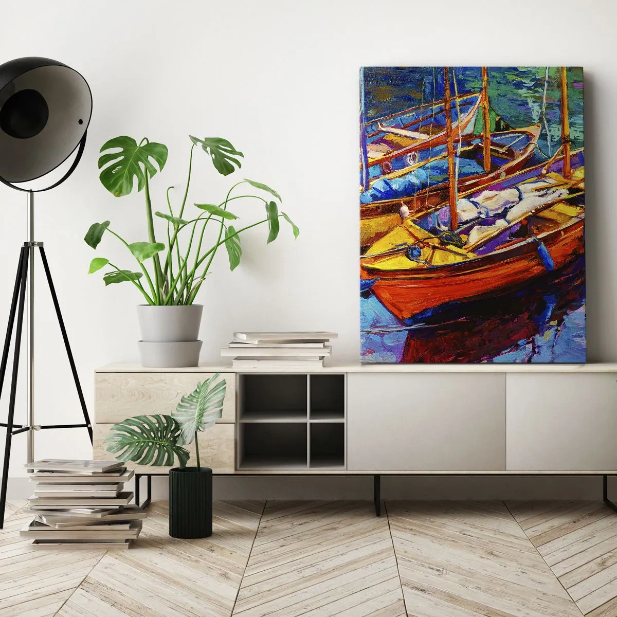Quadro su tela - Stampe su Tela - Barche colorate in acque calme - 50x70cm - Su un'acqua più densa dei colori - Decorazione murale moderna per soggiorno e camera da letto ARTTOR