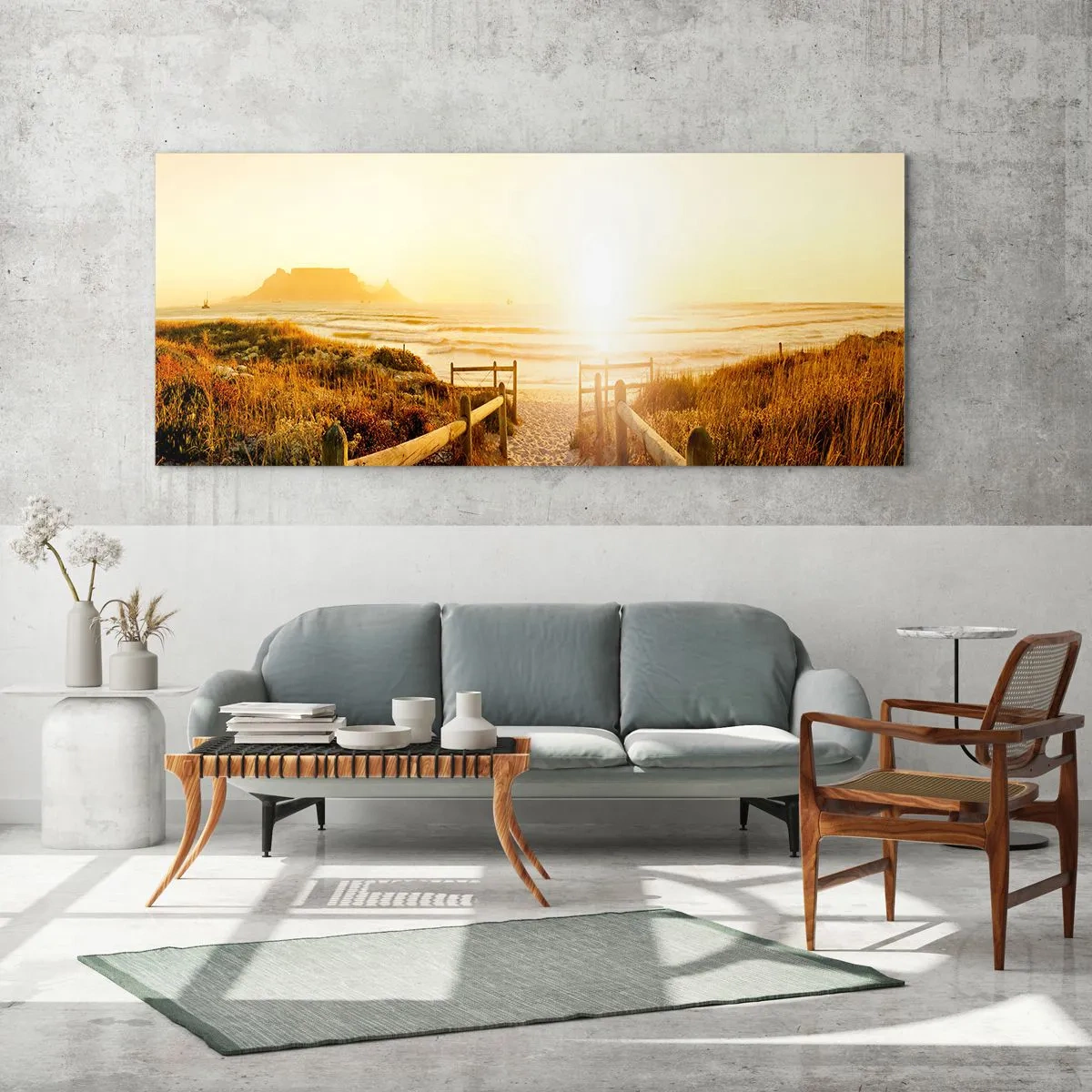Quadro su vetro - Sentiero per la spiaggia durante un tramonto dorato - 120x50cm - Attraverso la duna, verso il sole - Decorazione murale moderna per soggiorno e camera da letto ARTTOR