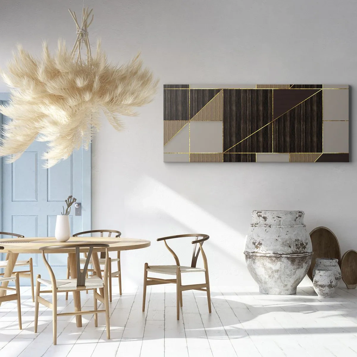 Quadro su tela - Stampe su Tela - Motivi geometrici nei toni del marrone con linee dorate - 120x50cm - Mosaico di marrone e oro - Decorazione murale moderna per soggiorno e camera da letto ARTTOR