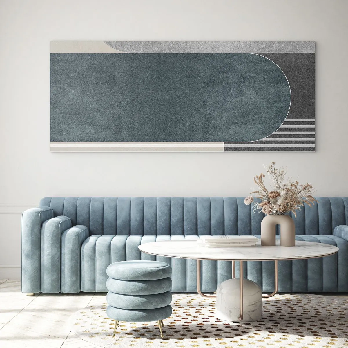 Quadro su vetro - Astrazione geometrica nei toni del grigio e del verde - 160x50cm - Composizione orizzontale - Decorazione murale moderna per soggiorno e camera da letto ARTTOR