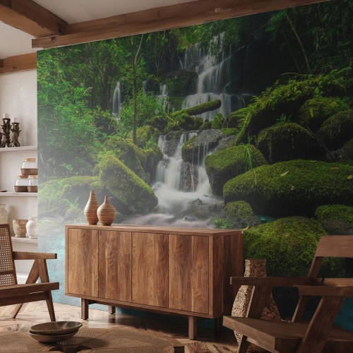 Fotomurali Autoadesivo Deluxe Sticker - Turchese, zaffiro e argento liquido - Paesaggio, Cascata, ruscello di montagna - 100x70 cm
