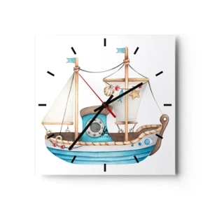 Orologio da parete - Orologio in Vetro - Illustrazione di una nave in colori pastello su sfondo bianco - 30x30cm - Benvenuta avventura! - Decorazione murale moderna per soggiorno e camera da letto ARTTOR