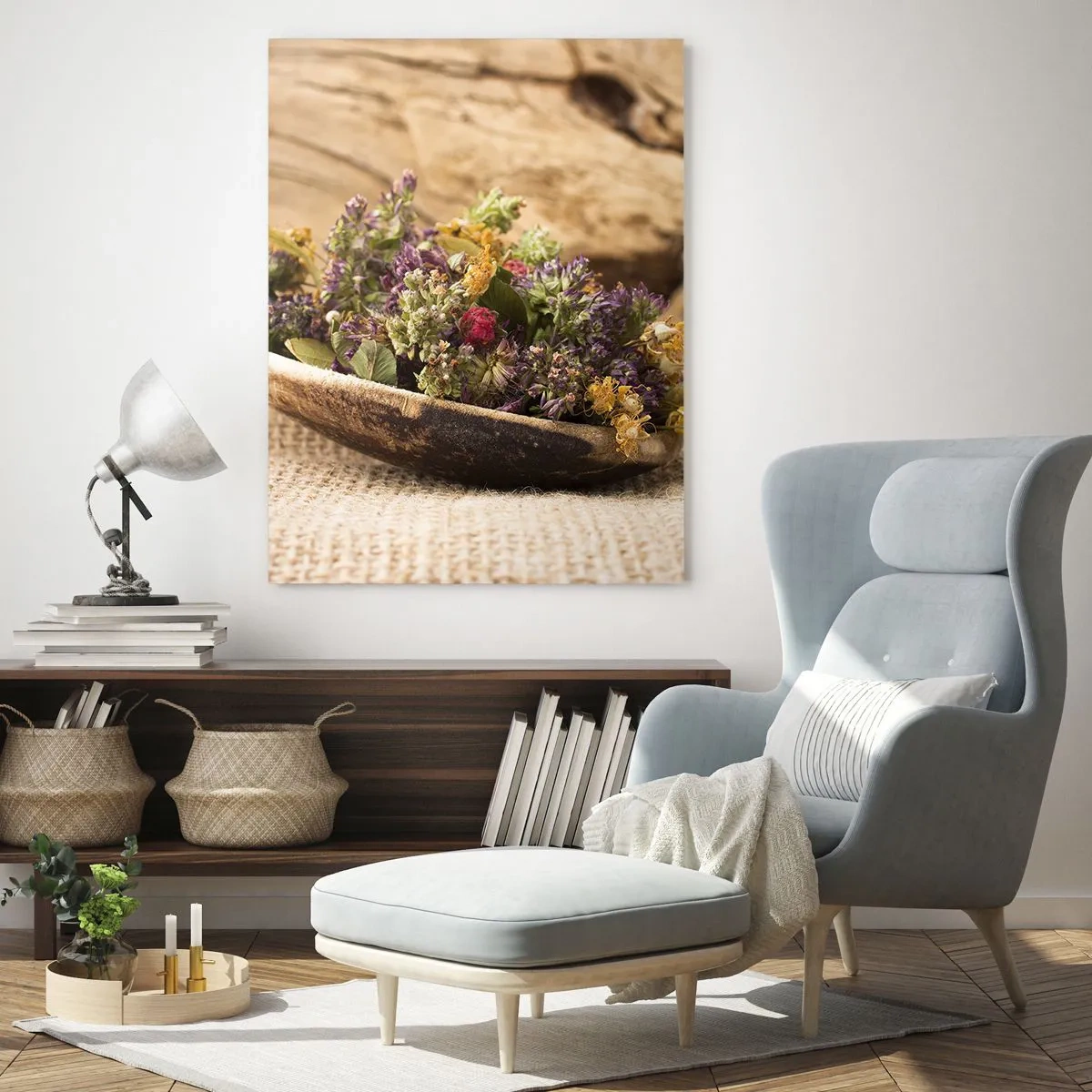 Quadro su vetro - Erbe essiccate in un cucchiaio di legno su uno sfondo di legno naturale - 80x120cm - Fiori colorati ed erbe odorose - Decorazione murale moderna per soggiorno e camera da letto ARTTOR