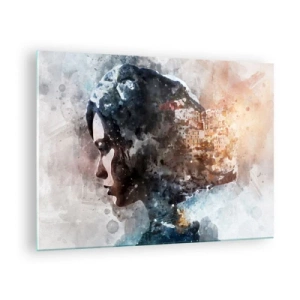 Quadro su vetro - Profilo di una donna in stile acquerello con una città sullo sfondo. - 70x50cm - Racconto su una ragazza con città sullo sfondo - Decorazione murale moderna per soggiorno e camera da letto ARTTOR