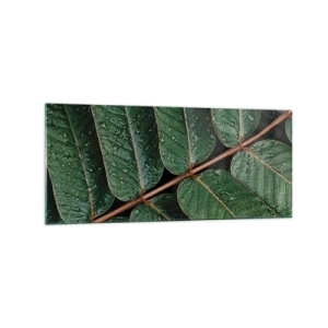 Quadro su vetro - Macro di foglie verdi con gocce di rugiada - 120x50cm - Al ritmo verde - Decorazione murale moderna per soggiorno e camera da letto ARTTOR