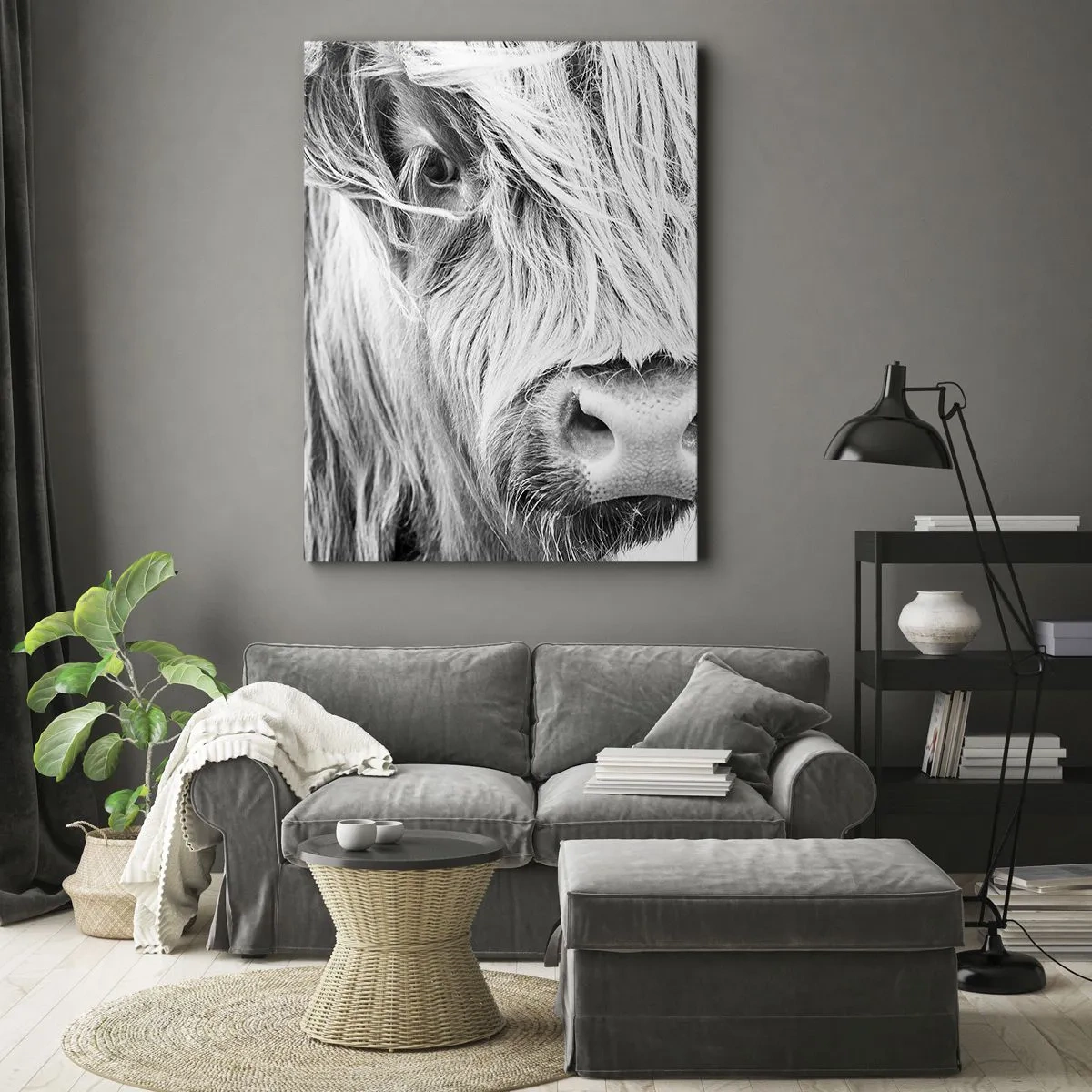 Quadro su tela - Stampe su Tela - Ritratto di una mucca scozzese in bianco e nero - 70x100cm - Selvaticità scozzese - Decorazione murale moderna per soggiorno e camera da letto ARTTOR