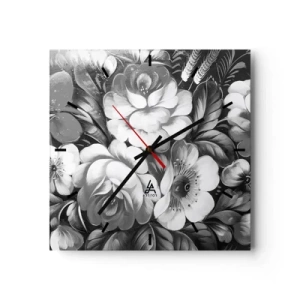 Orologio da parete - Orologio in Vetro - Fiori bianchi e neri in una composizione classica ed elegante - 30x30cm - Belli anche in grigio - Decorazione murale moderna per soggiorno e camera da letto ARTTOR