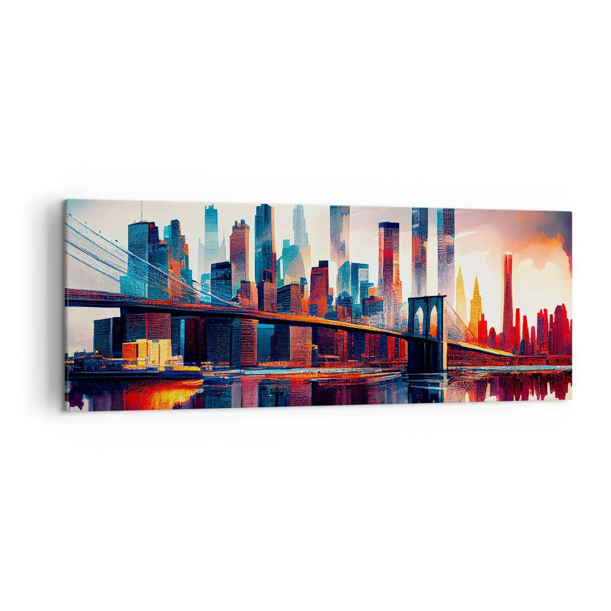 Quadro su tela - Stampe su Tela - Panorama di New York City con ponte e riflesso nell'acqua - 140x50cm - Una New York spettacolare - Decorazione murale moderna per soggiorno e camera da letto ARTTOR