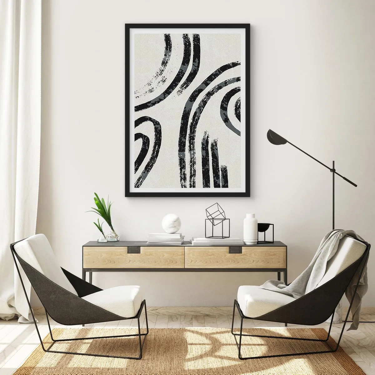 Poster in cornice nera - Linee nere astratte su uno sfondo chiaro - 50x70cm - Interrotto a metà - Decorazione murale moderna per soggiorno e camera da letto ARTTOR