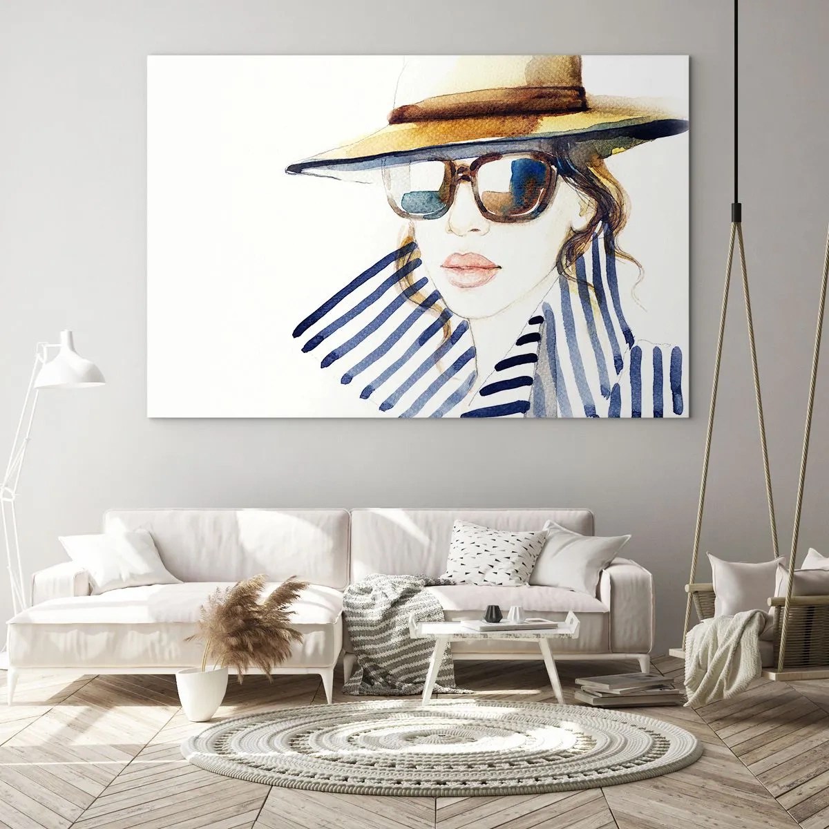 Quadro su vetro - Donna elegante con cappello e occhiali in stile acquerello - 100x70cm - La Florida dà il benvenuto! - Decorazione murale moderna per soggiorno e camera da letto ARTTOR