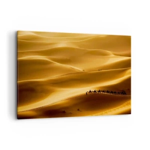 Quadro su tela - Stampe su Tela - Una carovana di cammelli vaga tra le dune dorate del deserto. - 100x70cm - La carovana sulle onde del deserto - Decorazione murale moderna per soggiorno e camera da letto ARTTOR