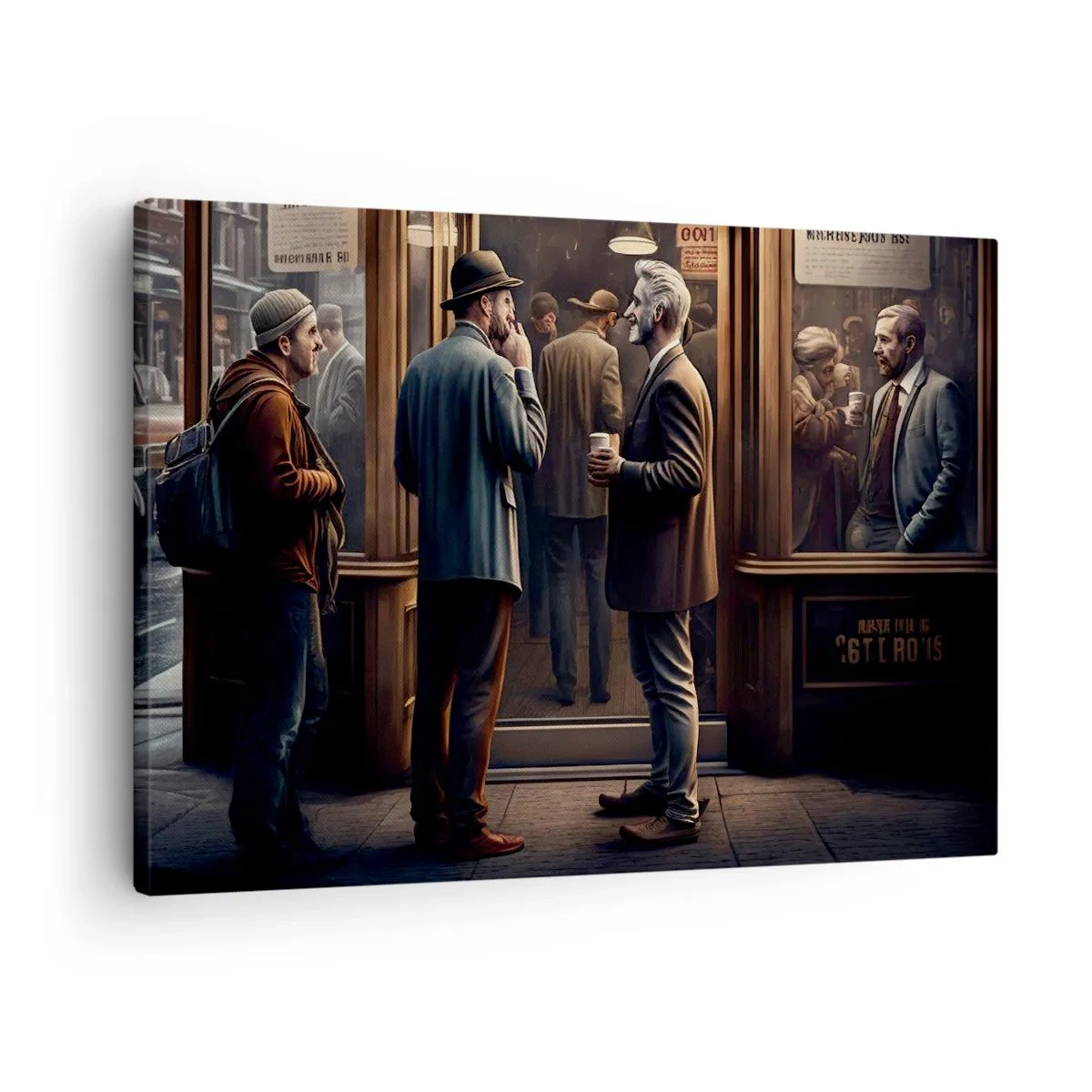 Quadro su tela - Stampe su Tela - Scena di strada con persone davanti a un caffè retrò - 70x50cm - Il buon momento della giornata - Decorazione murale moderna per soggiorno e camera da letto ARTTOR