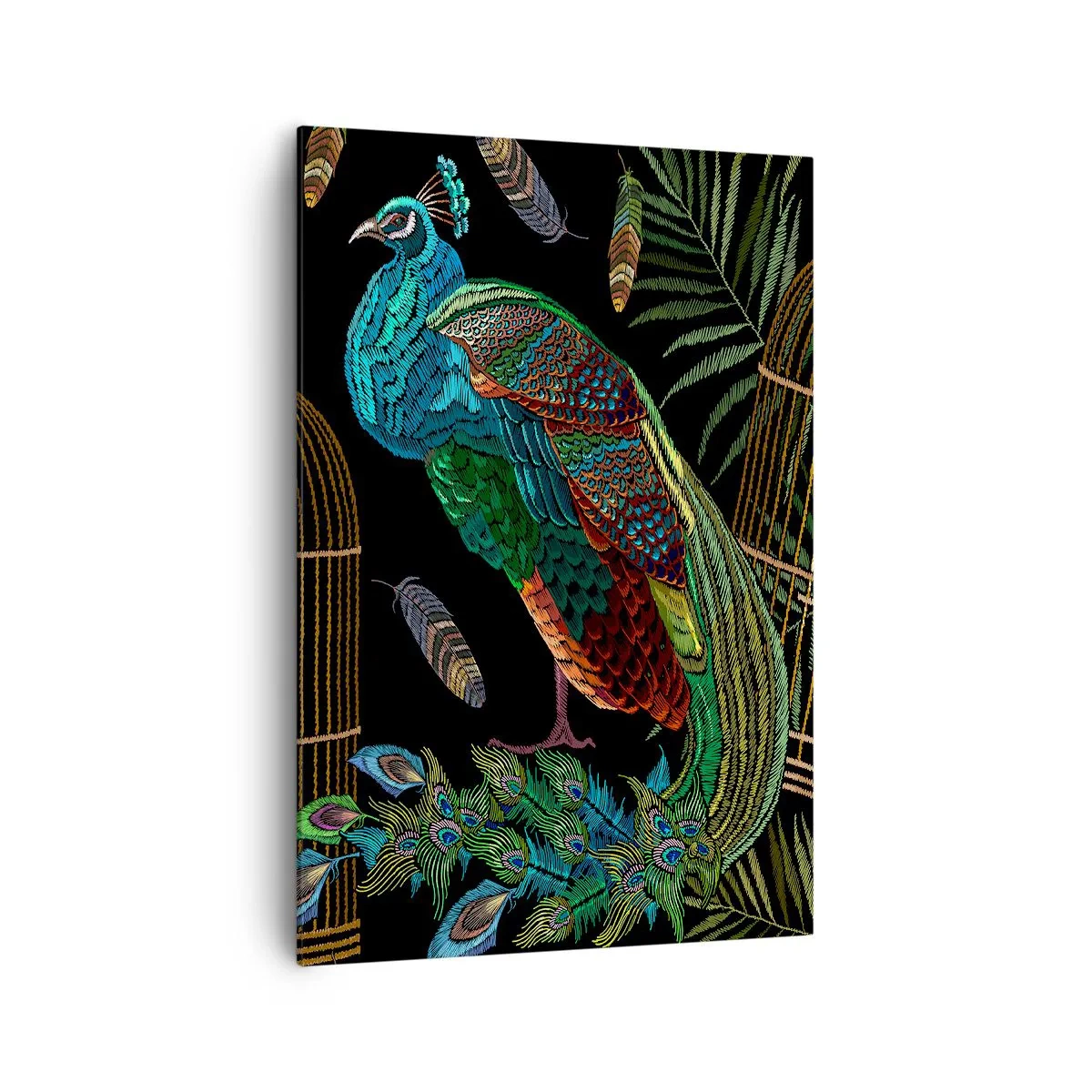 Quadro su tela - Stampe su Tela - Pavoni accanto a una gabbia dorata su sfondo nero - 70x100cm - Con gli abiti reali - Decorazione murale moderna per soggiorno e camera da letto ARTTOR