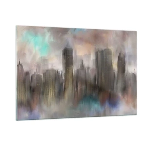 Quadro su vetro - Immagine astratta di una città con grattacieli - 120x80cm - Composizione con acciaio, pietra e nebbia - Decorazione murale moderna per soggiorno e camera da letto ARTTOR