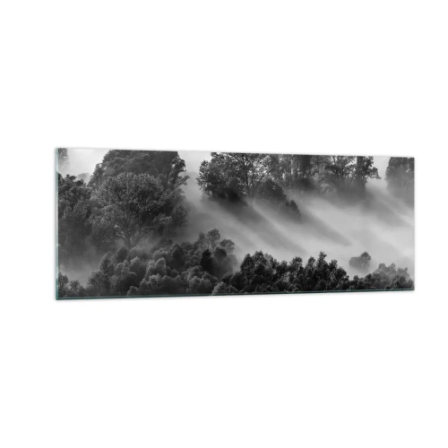 Quadro su vetro - Paesaggio forestale in bianco e nero nella nebbia mattutina - 140x50cm - Risveglio dal sonno - Decorazione murale moderna per soggiorno e camera da letto ARTTOR