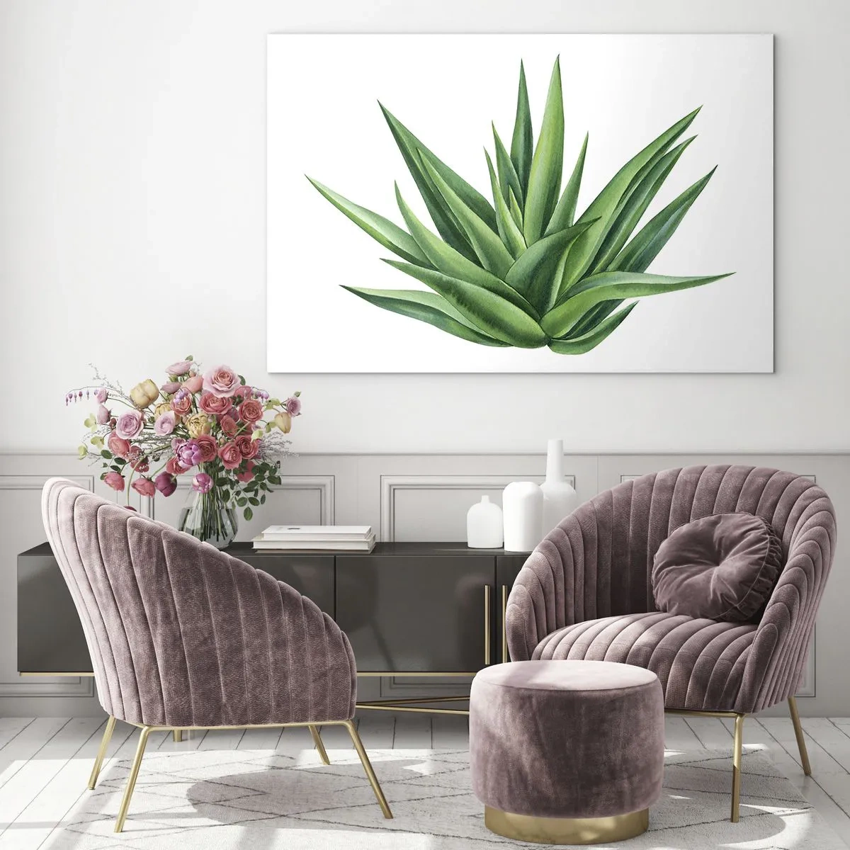 Quadro su vetro - Una pianta verde con foglie carnose su uno sfondo bianco - 70x50cm - Verde - forza - vita - Decorazione murale moderna per soggiorno e camera da letto ARTTOR