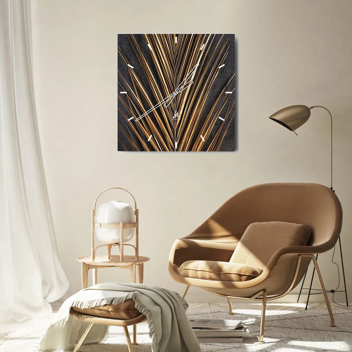Orologio da parete - Orologio in Vetro - Foglia tropicale dorata su sfondo nero - 30x30cm - L'oro dei tropici - Decorazione murale moderna per soggiorno e camera da letto ARTTOR