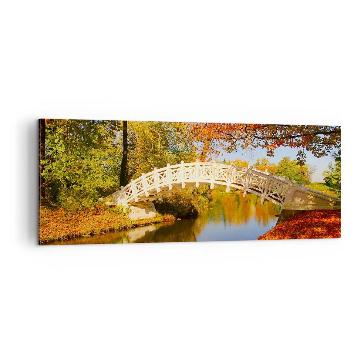 Quadro su tela - Stampe su Tela - Un ponte in un parco circondato da foglie autunnali su acque calme - 140x50cm - Sul bianco ponticello dei sospiri - Decorazione murale moderna per soggiorno e camera da letto ARTTOR