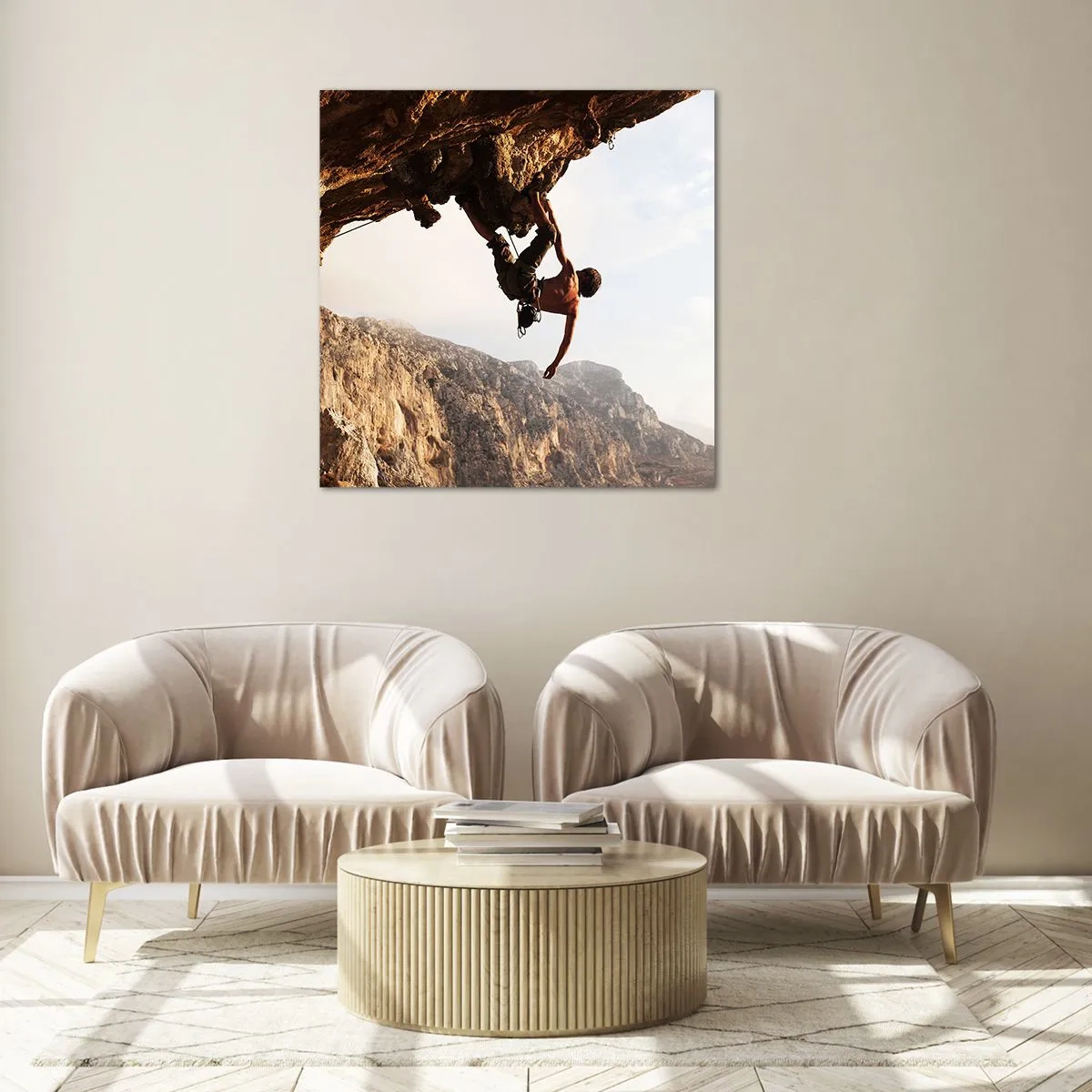 Quadro su vetro - Il mondo ristretto in una mano sul bordo del masso - 70x70 cm