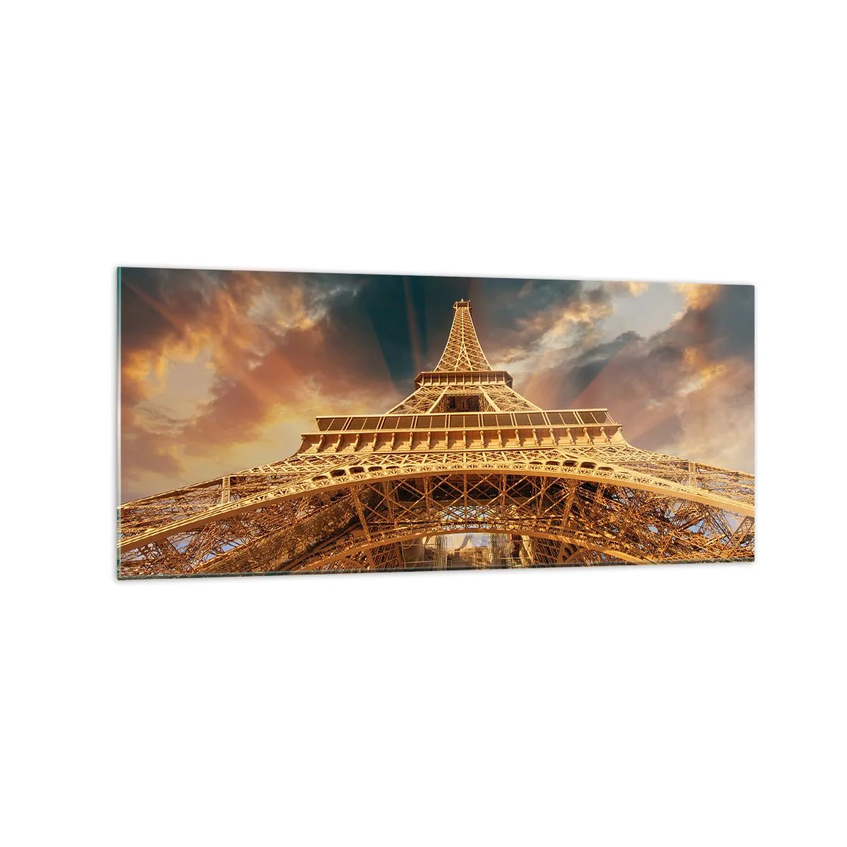 Quadro su vetro - La Torre Eiffel dal basso sullo sfondo del sole al tramonto - 120x50cm - Come gli uomini hanno raggiunto il cielo - Decorazione murale moderna per soggiorno e camera da letto ARTTOR