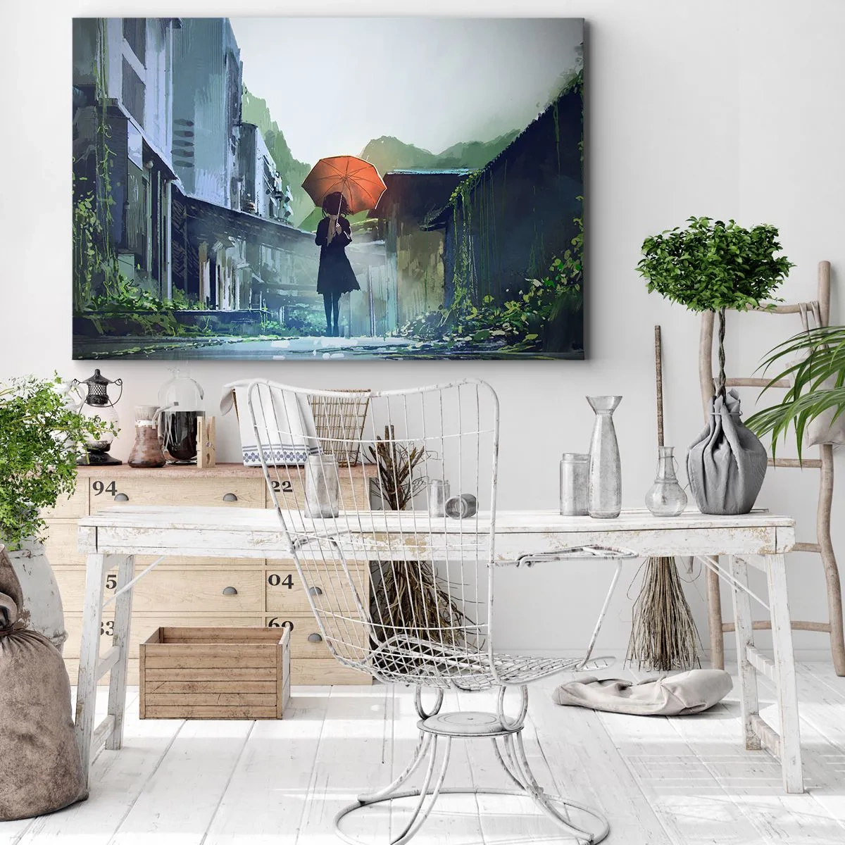 Quadro su tela - Stampe su Tela - Una figura con un ombrello in una città piovosa - 70x50cm - Pioggia vivificante - Decorazione murale moderna per soggiorno e camera da letto ARTTOR