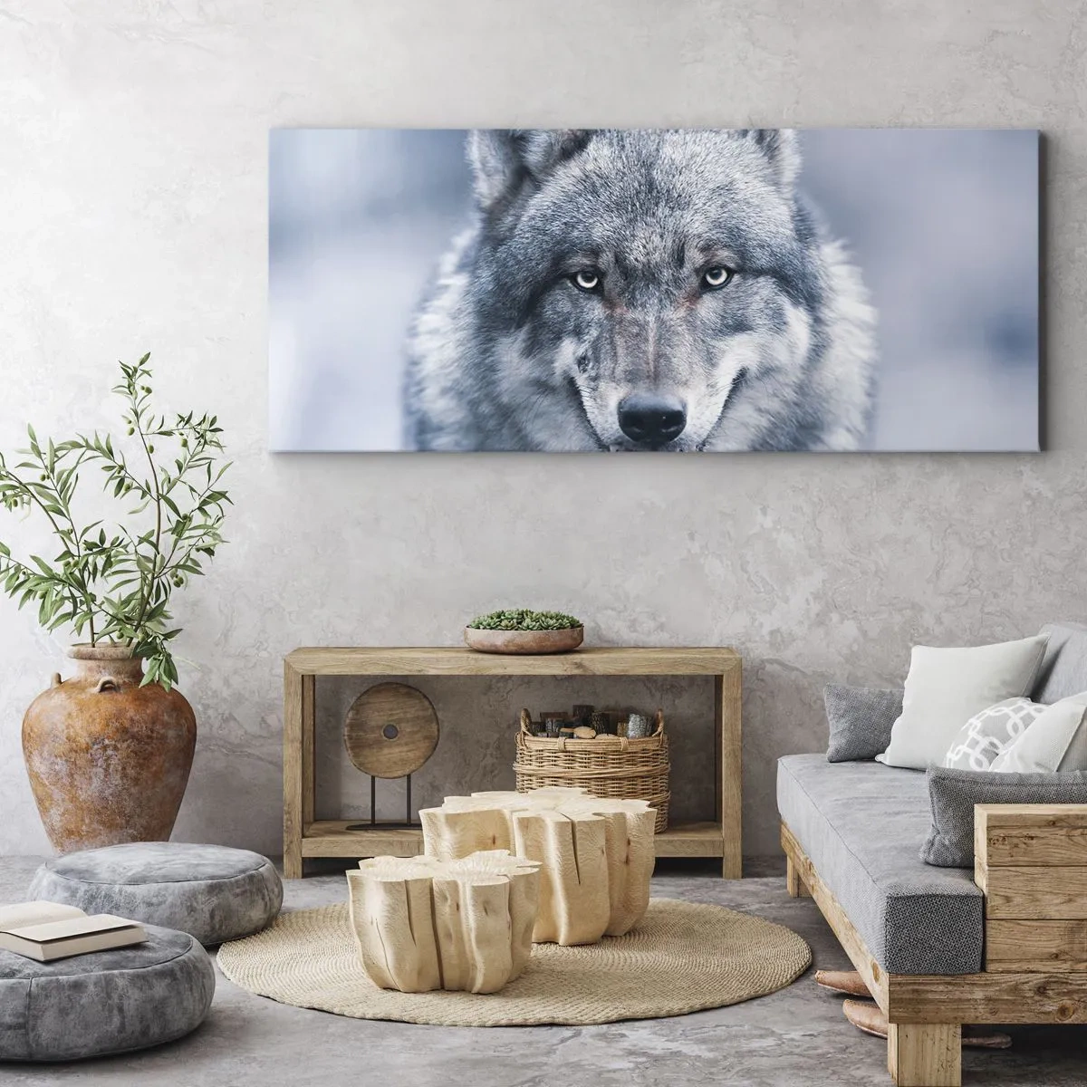 Quadro su tela - Stampe su Tela - Un lupo dallo sguardo intenso in un paesaggio invernale - 120x50cm - Accetti la sfida? - Decorazione murale moderna per soggiorno e camera da letto ARTTOR