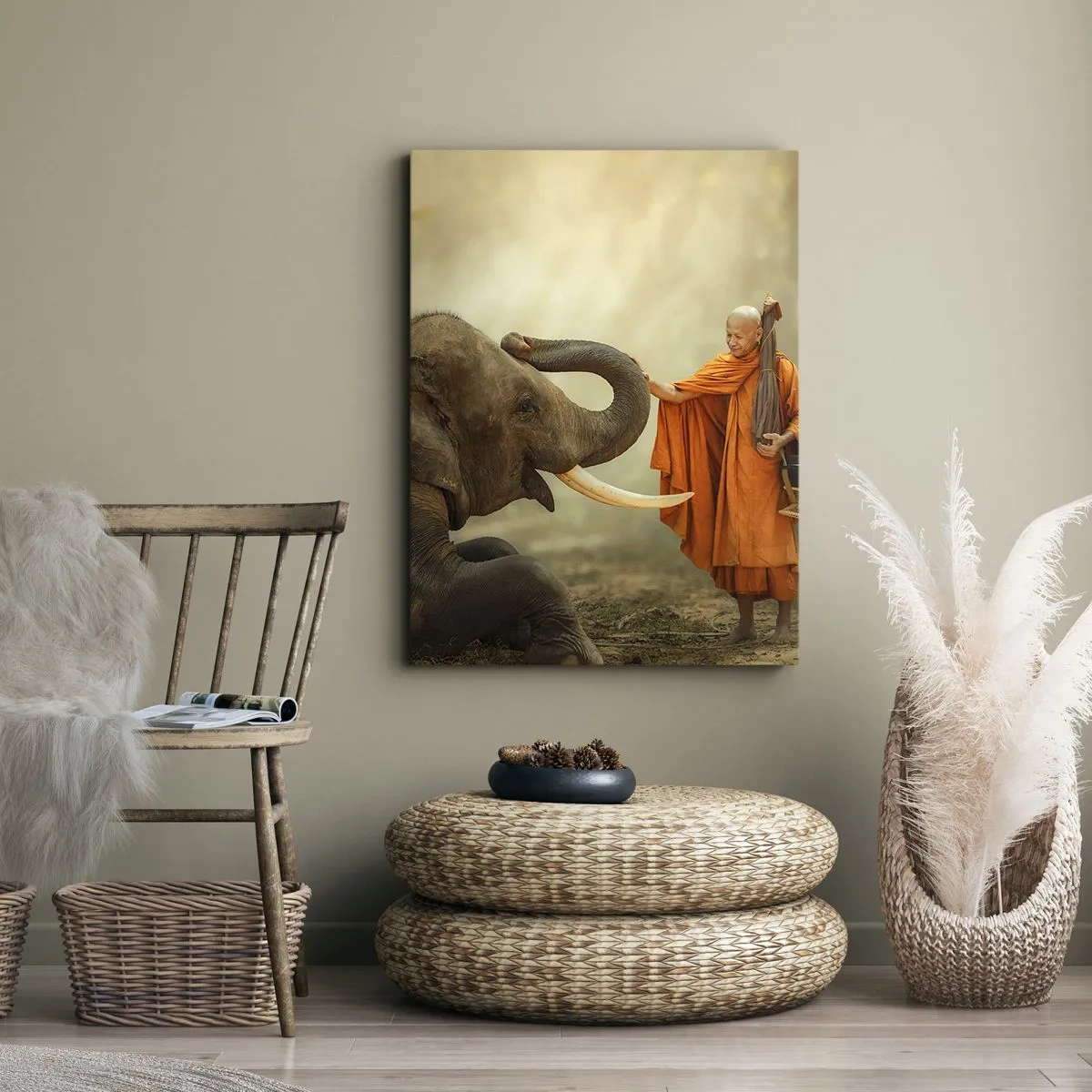 Quadro su tela - Stampe su Tela - Un monaco e un elefante in armonia sullo sfondo della natura - 50x70cm - Incontro nel viaggio - Decorazione murale moderna per soggiorno e camera da letto ARTTOR