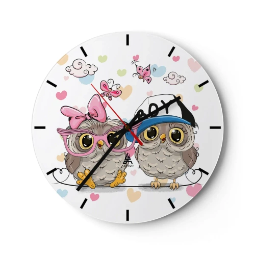 Orologio da parete - Orologio in Vetro - Due gufi con fiocco e cappello su uno sfondo di cuori - 30x30cm - Amiamoci! - Decorazione murale moderna per soggiorno, cucina e camera da letto ARTTOR