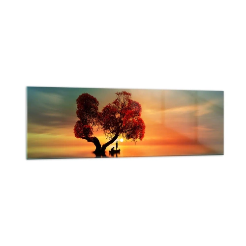 Quadro su vetro - Un albero dalle foglie rosse e una barca sull'acqua al tramonto - 160x50cm - Gli esiliati e il silenzio fuori dal mondo - Decorazione murale moderna per soggiorno e camera da letto ARTTOR