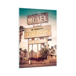Quadro su vetro - Un vecchio cartello di motel circondato da palme crea un'atmosfera retrò - 50x70cm - Qui il tempo si è fermato - Decorazione murale moderna per soggiorno e camera da letto ARTTOR