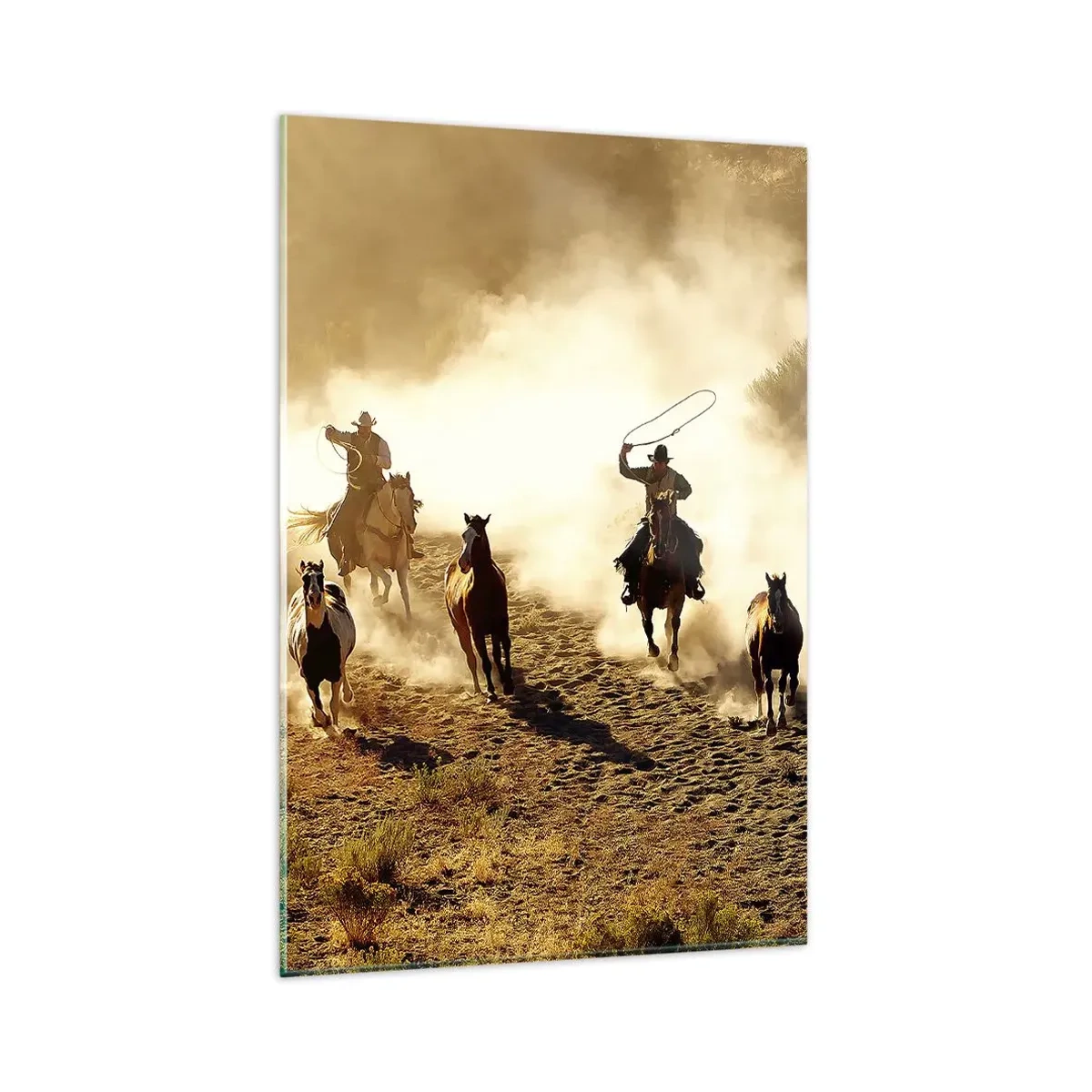 Quadro su vetro - Cowboy a cavallo in azione nel terreno desertico - 80x120cm - Il vero Far West - Decorazione murale moderna per soggiorno e camera da letto ARTTOR