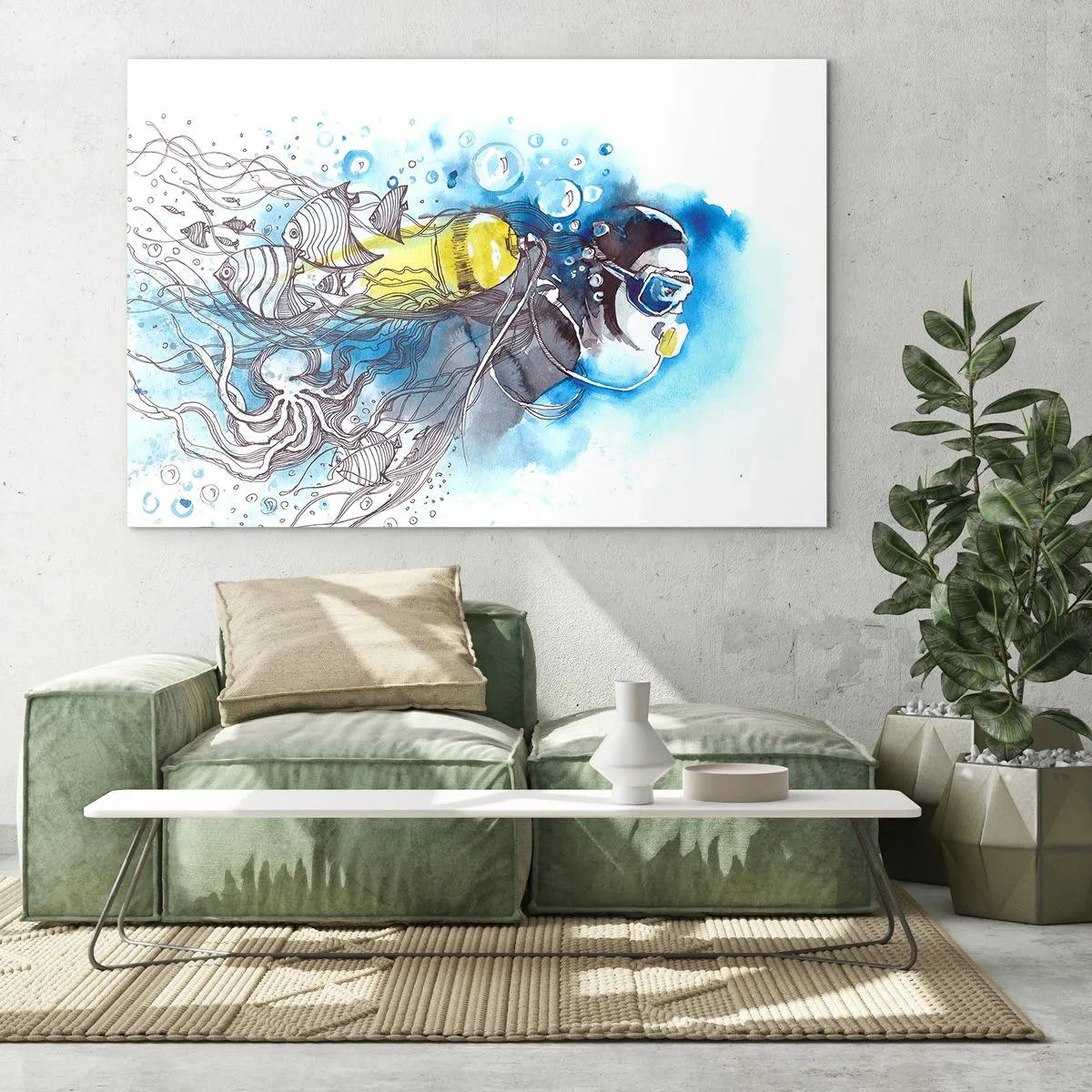 Quadro su vetro - Subacqueo sott'acqua con pesci in acquerello artistico - 120x80cm - Il grande blu - Decorazione murale moderna per soggiorno e camera da letto ARTTOR